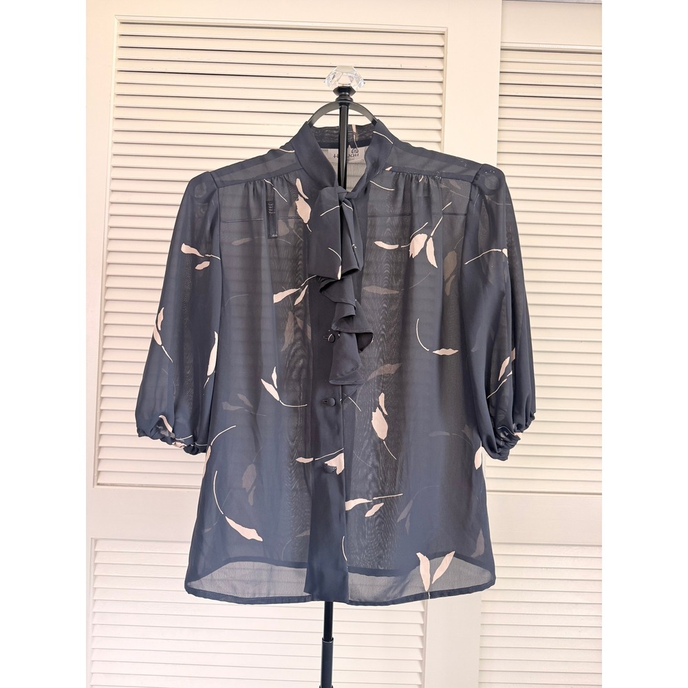 Vintage Sears Hawaii Navy Blue Sheer Leaf Print Ruffle Tie Neck Blouse Top M